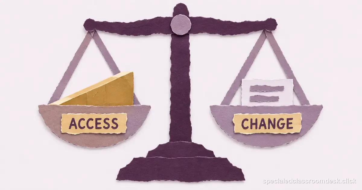Cut-paper collage illustration for “Accommodations vs. Modifications in an IEP: The Difference That Changes What the Student Is Asked to Learn” — Special Education Classroom Desk
