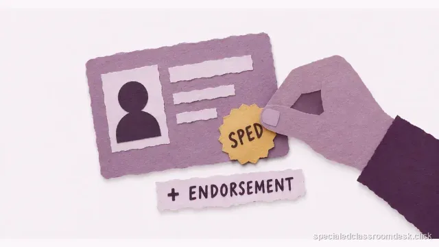 Cut-paper collage illustration for “How to Add a Special Education Endorsement to an Existing Teaching License” — Special Education Classroom Desk