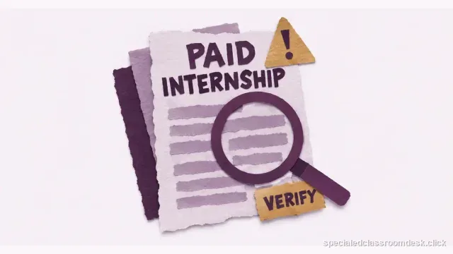Cut-paper collage illustration for “Alternative Certification for Special Education: What to Verify Before You Accept a Paid Internship” — Special Education Classroom Desk