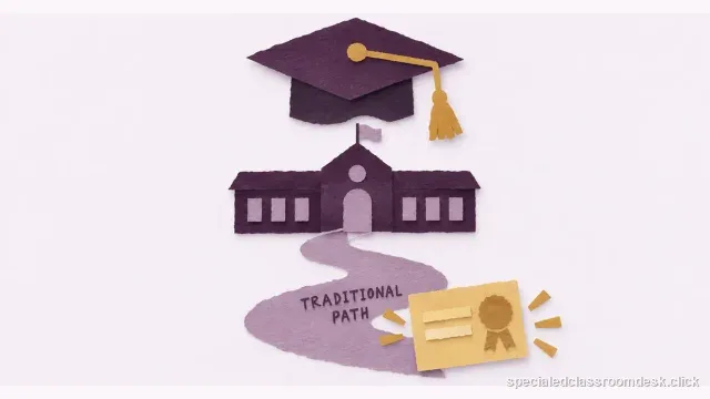 Cut-paper collage illustration for “How to Become a Special Education Teacher Through a Traditional Preparation Program” — Special Education Classroom Desk