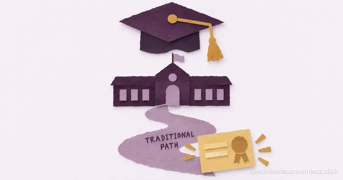 Cut-paper collage illustration for “How to Become a Special Education Teacher Through a Traditional Preparation Program” — Special Education Classroom Desk