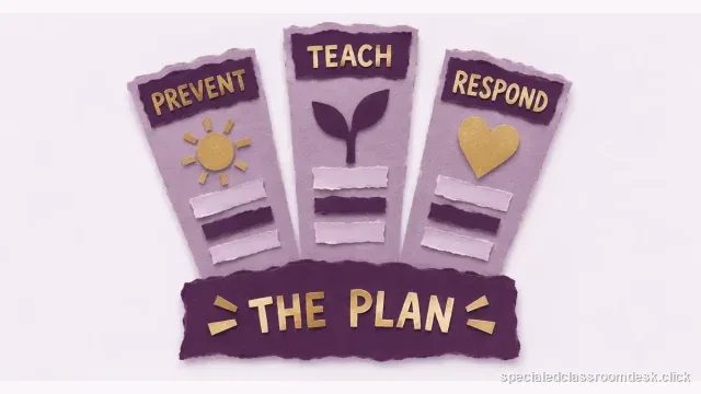 Cut-paper collage illustration for “Behavior Intervention Plan Basics: Turn an FBA Hypothesis Into Prevention, Teaching, and Response Steps” — Special Education Classroom Desk