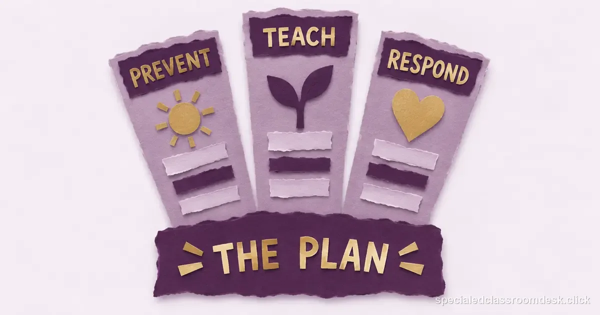 Cut-paper collage illustration for “Behavior Intervention Plan Basics: Turn an FBA Hypothesis Into Prevention, Teaching, and Response Steps” — Special Education Classroom Desk