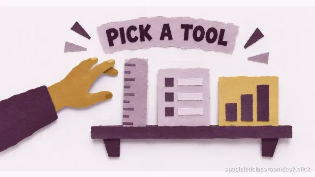 Cut-paper collage illustration for “How to Choose a Progress-Monitoring Tool for an IEP Goal” — Special Education Classroom Desk