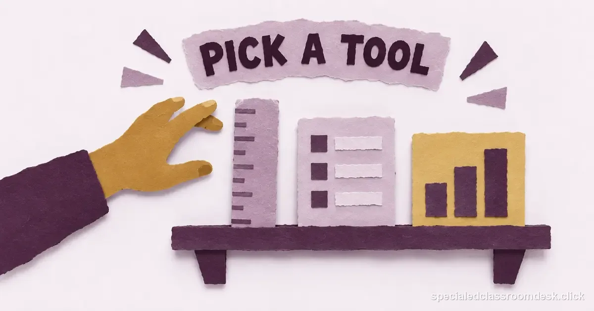 Cut-paper collage illustration for “How to Choose a Progress-Monitoring Tool for an IEP Goal” — Special Education Classroom Desk