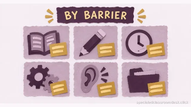 Cut-paper collage illustration for “Classroom Accommodation Examples by Barrier: Reading, Writing, Attention, Processing, Sensory, and Organization” — Special Education Classroom Desk