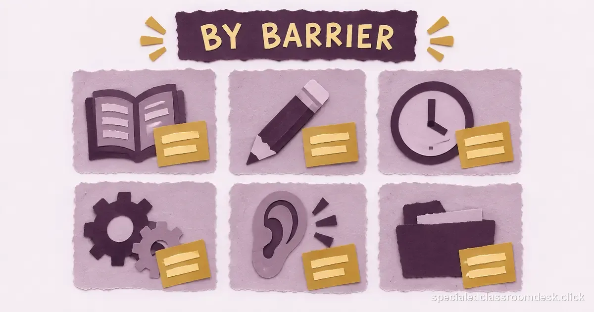 Cut-paper collage illustration for “Classroom Accommodation Examples by Barrier: Reading, Writing, Attention, Processing, Sensory, and Organization” — Special Education Classroom Desk