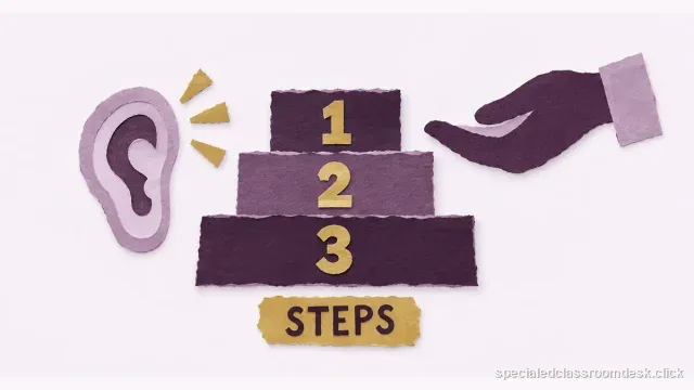 Cut-paper collage illustration for “Following Directions IEP Goal Example: Define Steps, Wait Time, Prompts, and Opportunities” — Special Education Classroom Desk