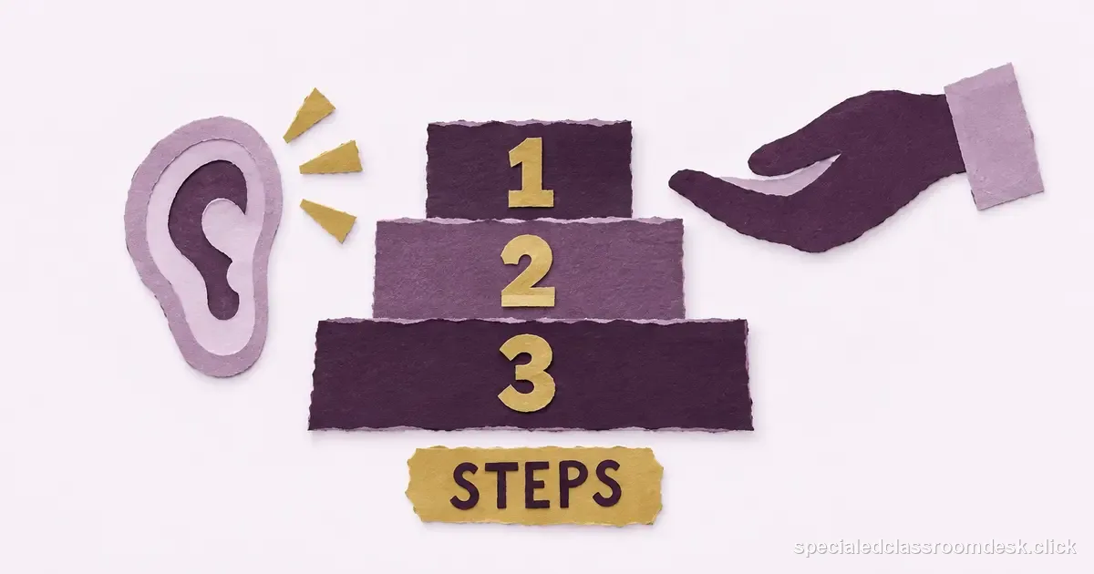 Cut-paper collage illustration for “Following Directions IEP Goal Example: Define Steps, Wait Time, Prompts, and Opportunities” — Special Education Classroom Desk