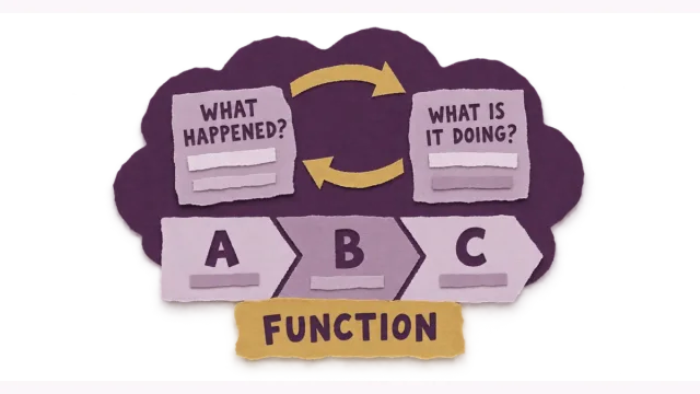 Cut-paper collage illustration for “Functional Behavioral Assessment Basics: Move From “What Happened?” to “What Is the Behavior Doing?”” — Special Education Classroom Desk