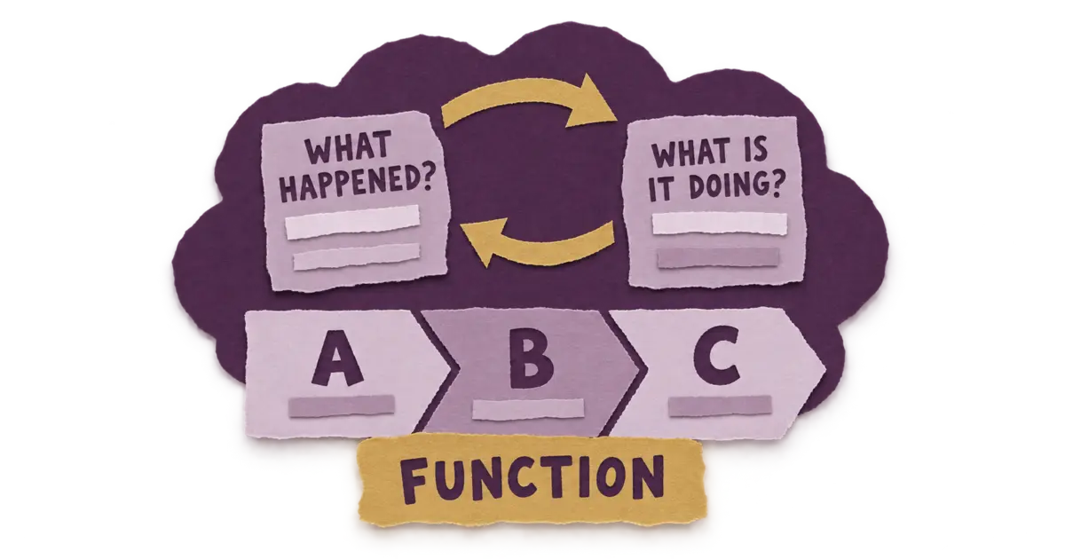 Cut-paper collage illustration for “Functional Behavioral Assessment Basics: Move From “What Happened?” to “What Is the Behavior Doing?”” — Special Education Classroom Desk