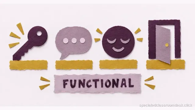 Cut-paper collage illustration for “Functional Present Levels in an IEP: Write Independence, Communication, Behavior, and Access With Data” — Special Education Classroom Desk