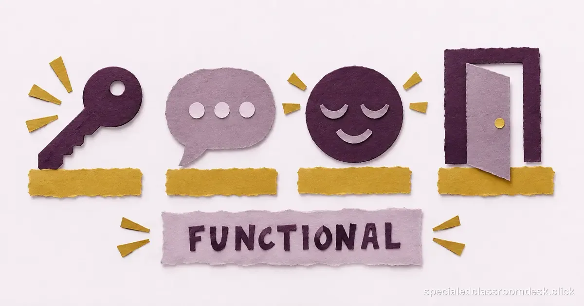 Cut-paper collage illustration for “Functional Present Levels in an IEP: Write Independence, Communication, Behavior, and Access With Data” — Special Education Classroom Desk
