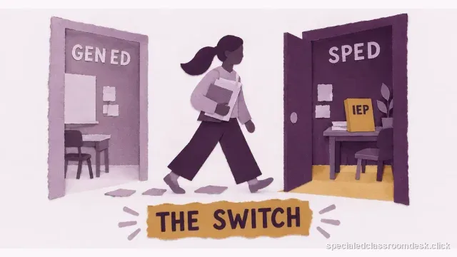 Cut-paper collage illustration for “Switching From General Education to Special Education Midcareer: What Changes Before the First IEP” — Special Education Classroom Desk