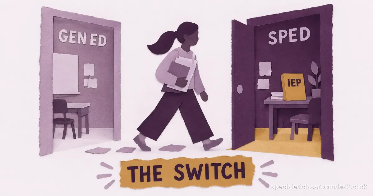 Cut-paper collage illustration for “Switching From General Education to Special Education Midcareer: What Changes Before the First IEP” — Special Education Classroom Desk