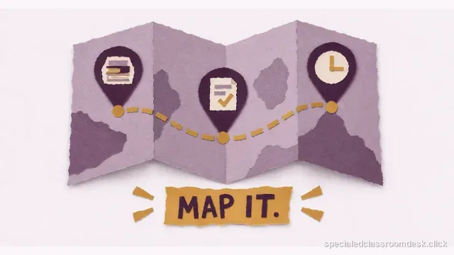 Cut-paper collage illustration for “Gen-Ed to Special Ed: How to Map Endorsement Coursework, Exams, and Clinical Requirements” — Special Education Classroom Desk
