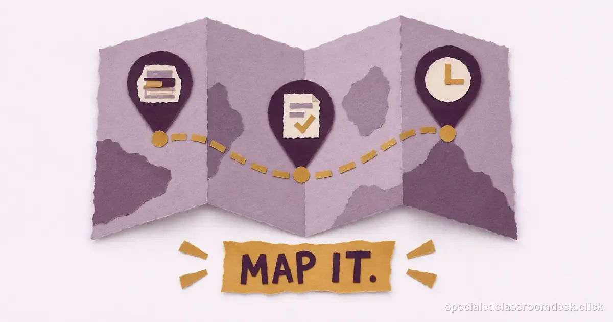 Cut-paper collage illustration for “Gen-Ed to Special Ed: How to Map Endorsement Coursework, Exams, and Clinical Requirements” — Special Education Classroom Desk