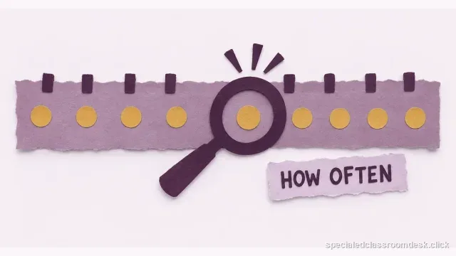 Cut-paper collage illustration for “How Often Should You Progress Monitor an IEP Goal?” — Special Education Classroom Desk