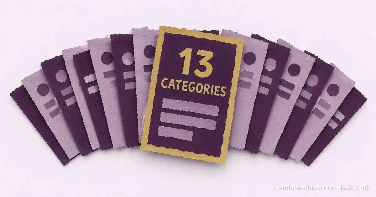 Cut-paper collage illustration for “The 13 IDEA Disability Categories: What the Federal Labels Do—and Do Not—Decide” — Special Education Classroom Desk