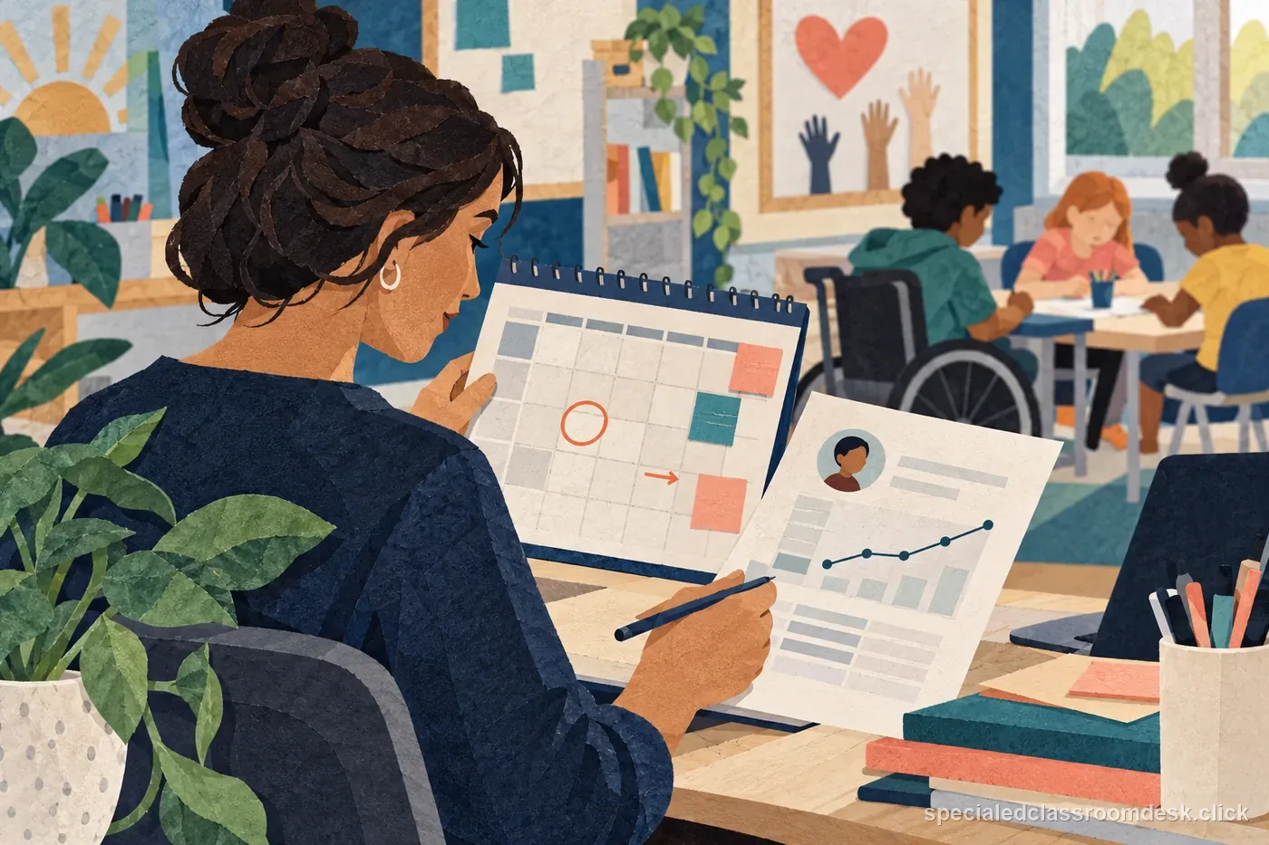 Teacher reviews a calendar and progress data sheet after an absent student misses a probe