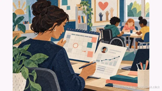 Teacher reviews a calendar and progress data sheet after an absent student misses a probe