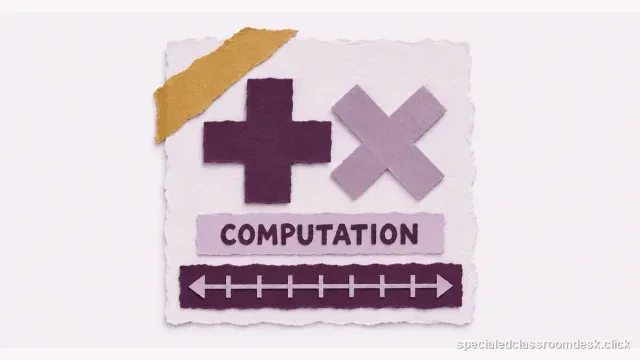 Cut-paper collage illustration for “Math Computation IEP Goal Example: Make the Operation, Supports, and Mastery Rule Visible” — Special Education Classroom Desk