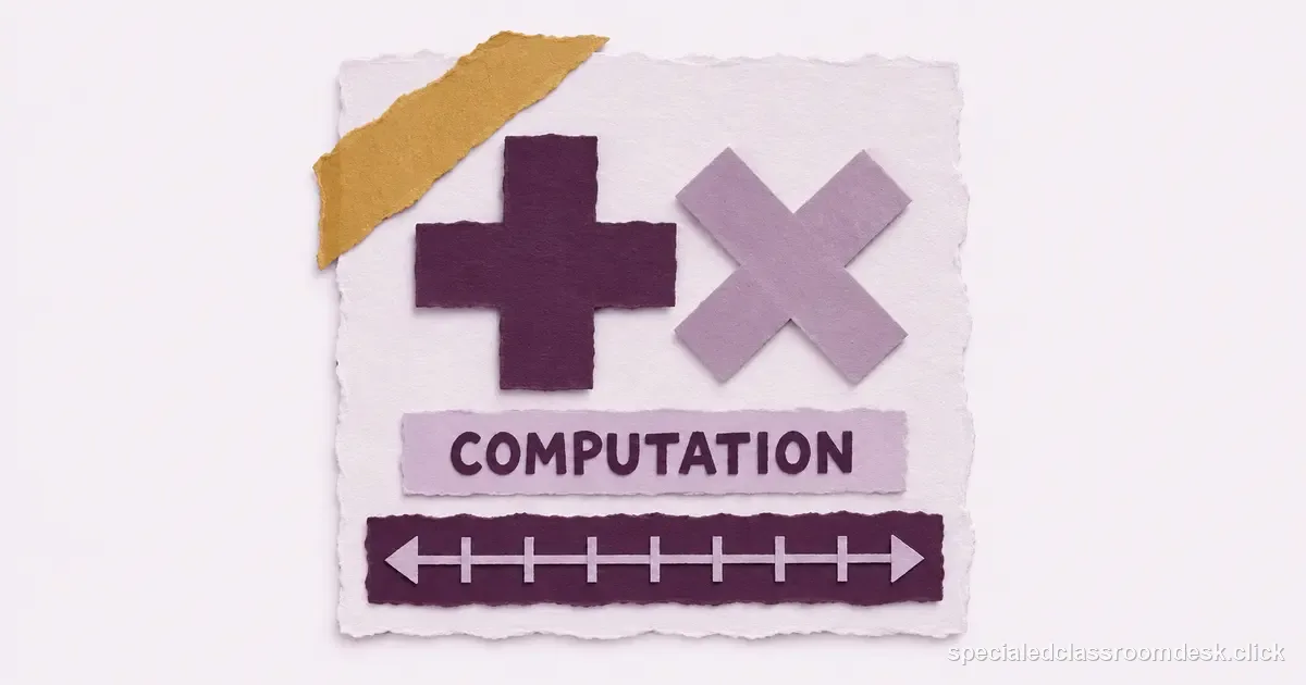 Cut-paper collage illustration for “Math Computation IEP Goal Example: Make the Operation, Supports, and Mastery Rule Visible” — Special Education Classroom Desk