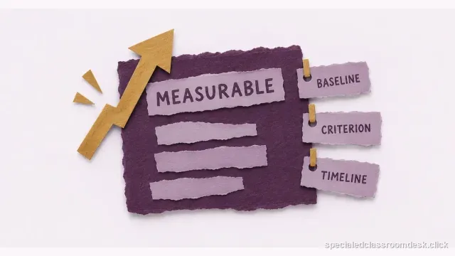 Cut-paper collage illustration for “How to Write a Measurable IEP Goal With a Baseline, Criterion, and Timeline” — Special Education Classroom Desk