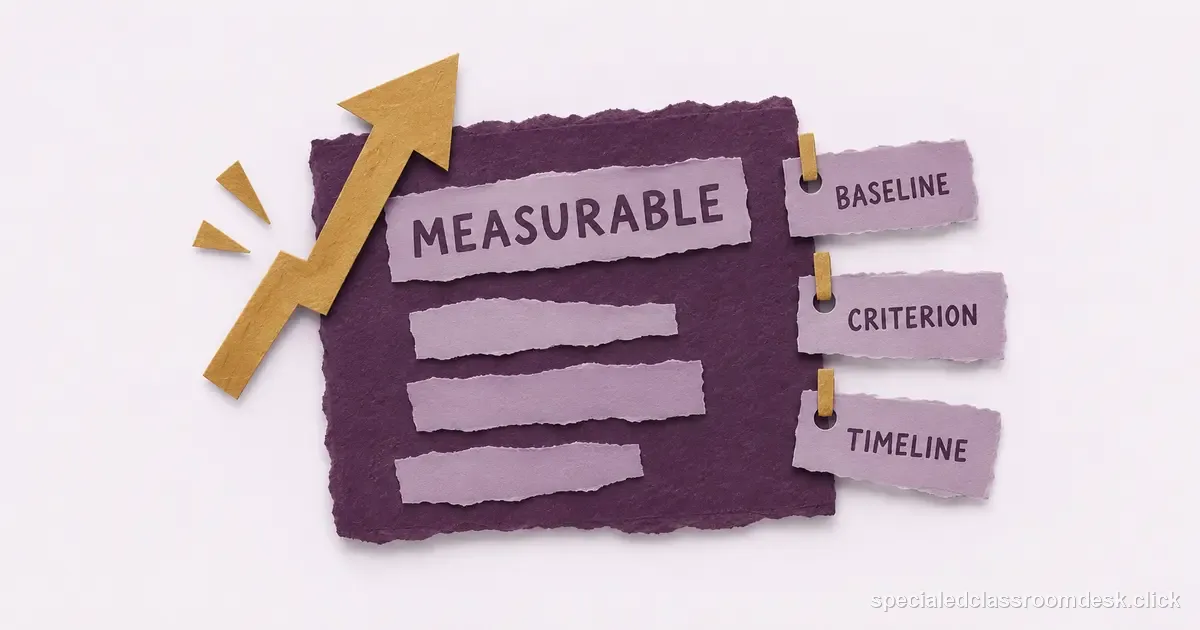 Cut-paper collage illustration for “How to Write a Measurable IEP Goal With a Baseline, Criterion, and Timeline” — Special Education Classroom Desk