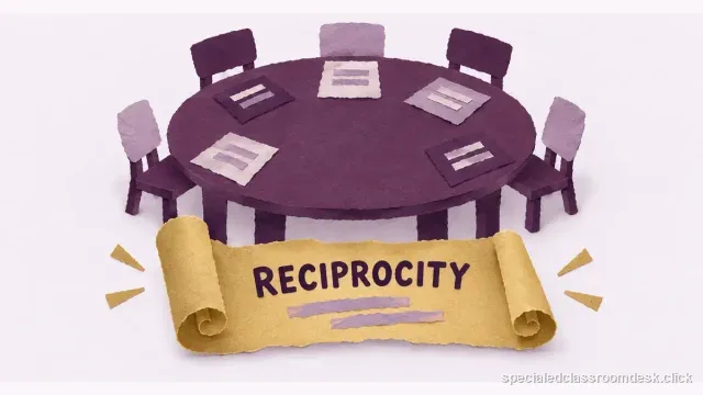 Cut-paper collage illustration for “NASDTEC Reciprocity for Special Education Teachers: What the Interstate Agreement Does—and Does Not Do” — Special Education Classroom Desk
