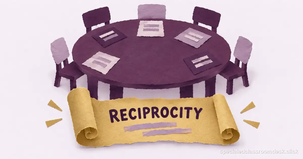 Cut-paper collage illustration for “NASDTEC Reciprocity for Special Education Teachers: What the Interstate Agreement Does—and Does Not Do” — Special Education Classroom Desk