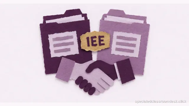 Cut-paper collage illustration for “When a Parent Disagrees With the School Evaluation: The IEE Rule Teachers Should Understand” — Special Education Classroom Desk