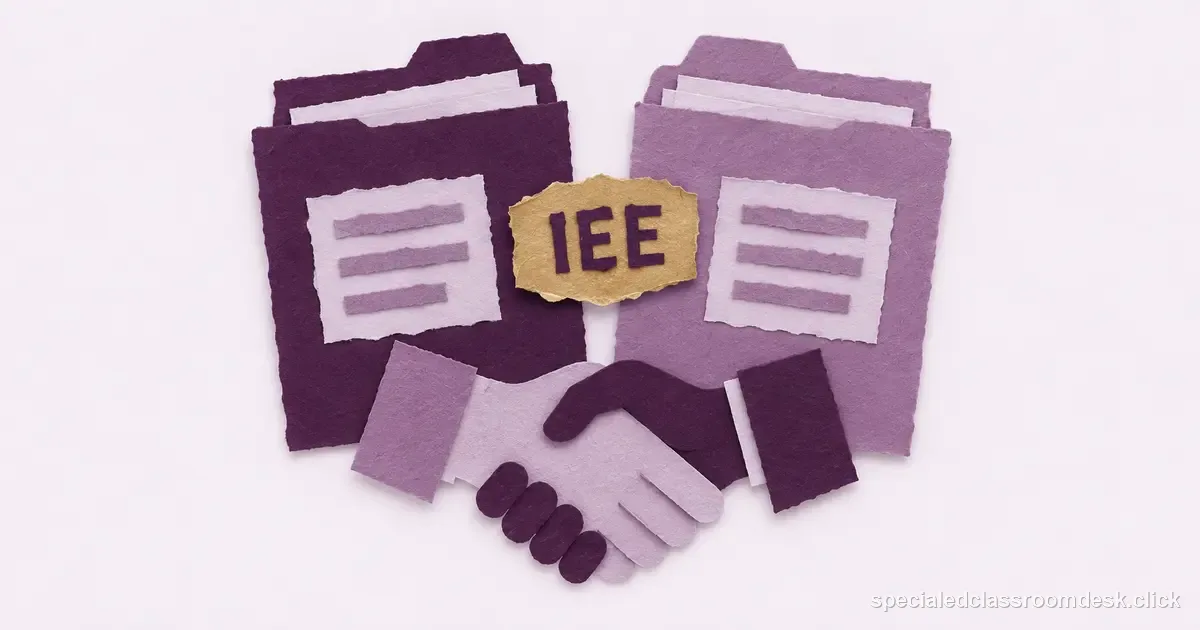 Cut-paper collage illustration for “When a Parent Disagrees With the School Evaluation: The IEE Rule Teachers Should Understand” — Special Education Classroom Desk