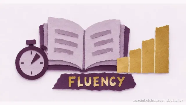 Cut-paper collage illustration for “Reading Fluency IEP Goal Example: Rate, Accuracy, Passage Level, and Progress Data” — Special Education Classroom Desk