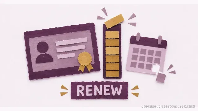 Cut-paper collage illustration for “How to Renew a Special Education Teaching License Without Guessing the PD-Hour Rule” — Special Education Classroom Desk