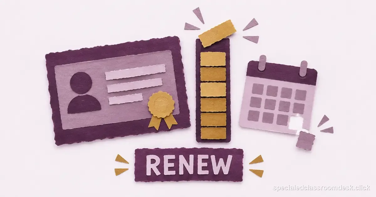 Cut-paper collage illustration for “How to Renew a Special Education Teaching License Without Guessing the PD-Hour Rule” — Special Education Classroom Desk