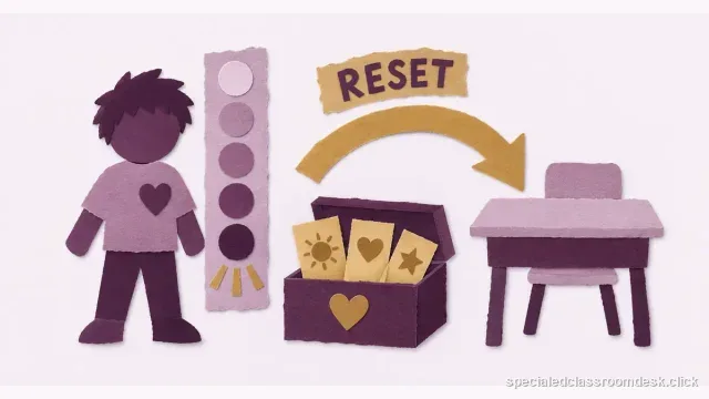 Cut-paper collage illustration for “Self-Regulation IEP Goal Example: Measure Recognition, Strategy Use, and Return to Learning” — Special Education Classroom Desk