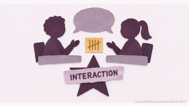 Cut-paper collage illustration for “Social Skills IEP Goal Example: Measure a Real Interaction Without Scoring Personality” — Special Education Classroom Desk
