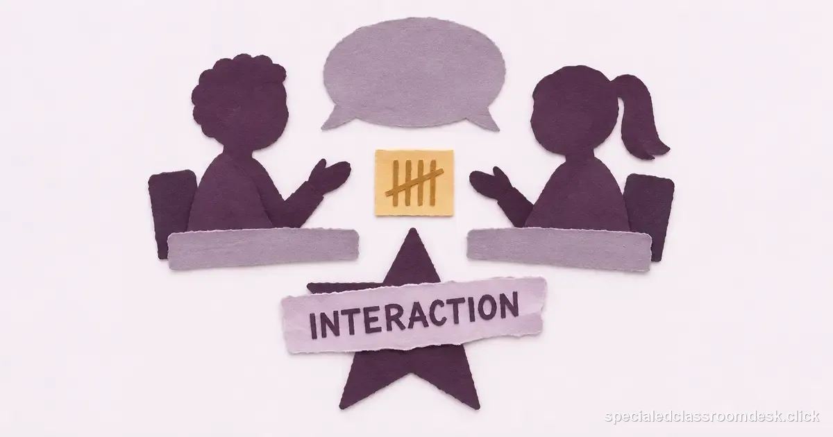 Cut-paper collage illustration for “Social Skills IEP Goal Example: Measure a Real Interaction Without Scoring Personality” — Special Education Classroom Desk