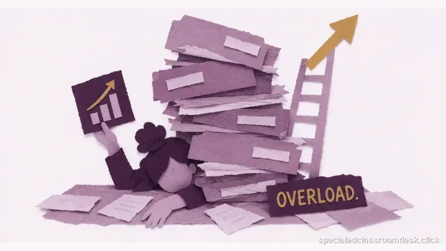 Cut-paper collage illustration for “Special Ed Caseload Overload: How to Show the Workload Problem and Escalate It” — Special Education Classroom Desk