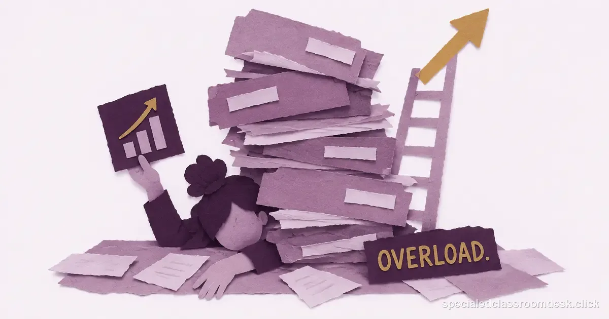 Cut-paper collage illustration for “Special Ed Caseload Overload: How to Show the Workload Problem and Escalate It” — Special Education Classroom Desk