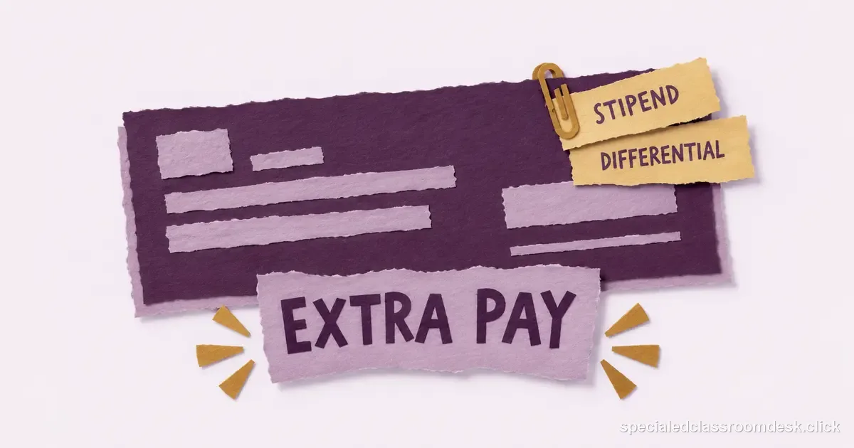 Cut-paper collage illustration for “Special Ed Stipends, Differentials, and “Hazard Pay”: What the Extra Pay Actually Means” — Special Education Classroom Desk