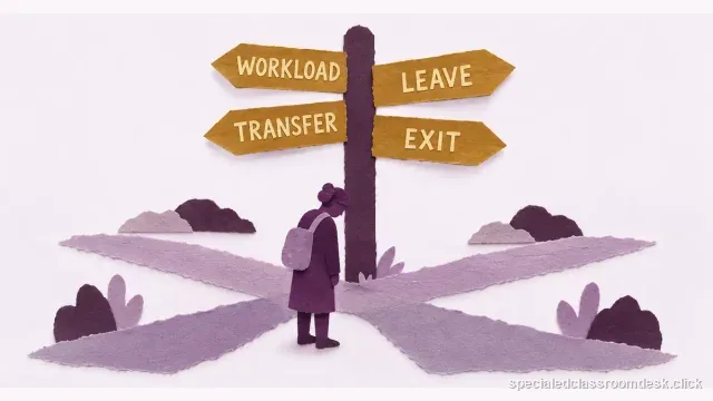 Cut-paper collage illustration for “Special Education Teacher Burnout: Deciding Between Workload Changes, Leave, Transfer, or Exit” — Special Education Classroom Desk