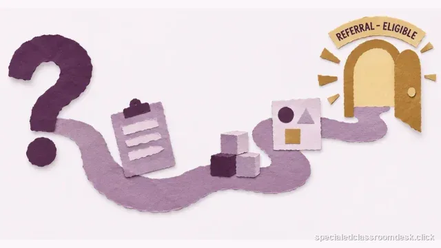 Cut-paper collage illustration for “Special Education Evaluation Process: From Referral Question to Eligibility Meeting” — Special Education Classroom Desk