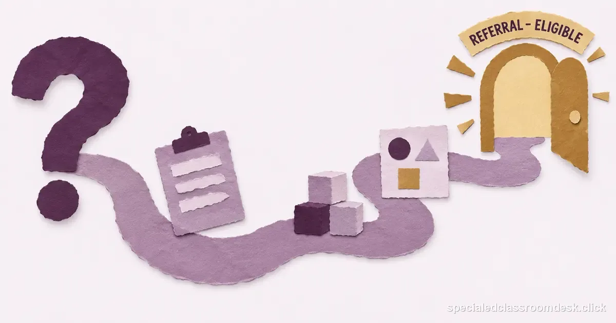 Cut-paper collage illustration for “Special Education Evaluation Process: From Referral Question to Eligibility Meeting” — Special Education Classroom Desk