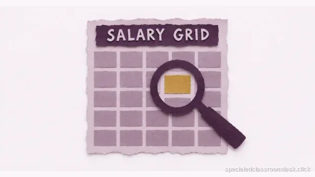 Cut-paper collage illustration for “How to Read a Special Education Teacher Salary Schedule Before You Accept an Offer” — Special Education Classroom Desk