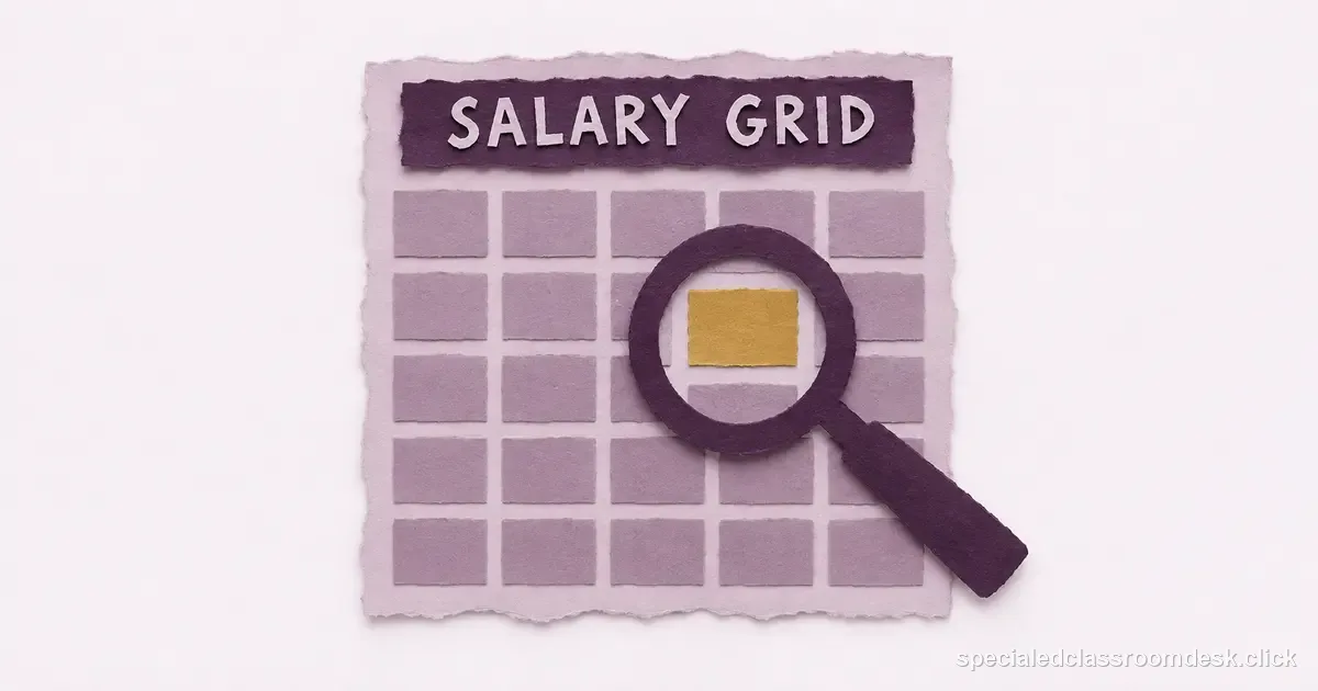 Cut-paper collage illustration for “How to Read a Special Education Teacher Salary Schedule Before You Accept an Offer” — Special Education Classroom Desk