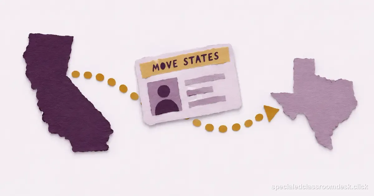 Cut-paper collage illustration for “How to Transfer a Special Education Teaching License to Another State” — Special Education Classroom Desk