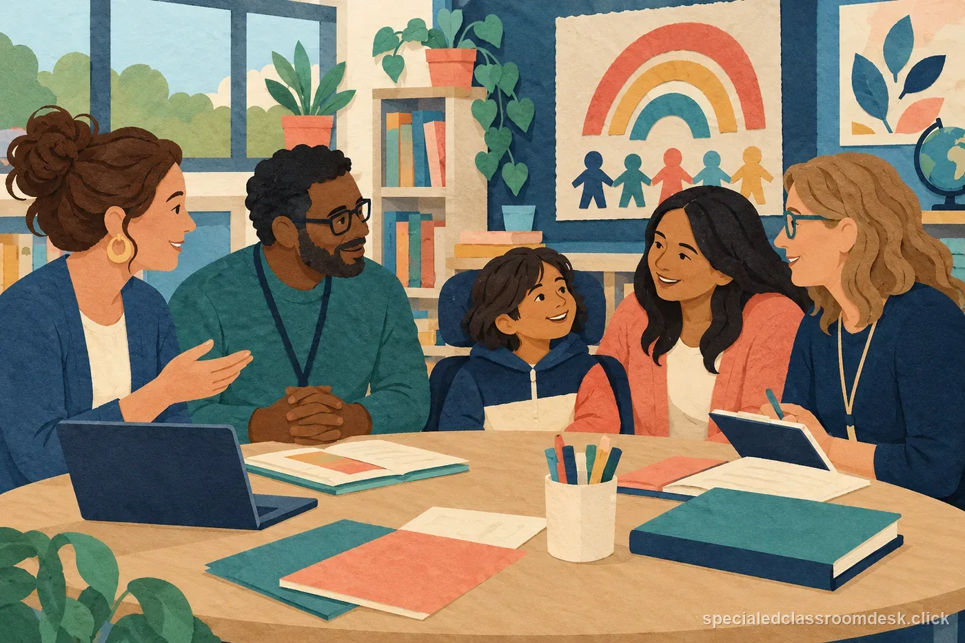 Receiving-school staff coordinate a first-week IEP handoff with a family