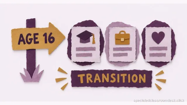 Cut-paper collage illustration for “IDEA Transition Planning by Age 16: Build Postsecondary Goals From Assessments, Not Generic Checklists” — Special Education Classroom Desk